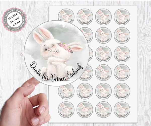 24 Stück zuckersüßer Danke für Deinen Einkauf, Sticker Aufkleber 4cm rund Hasen Umarmung von Lüttentüddel® -